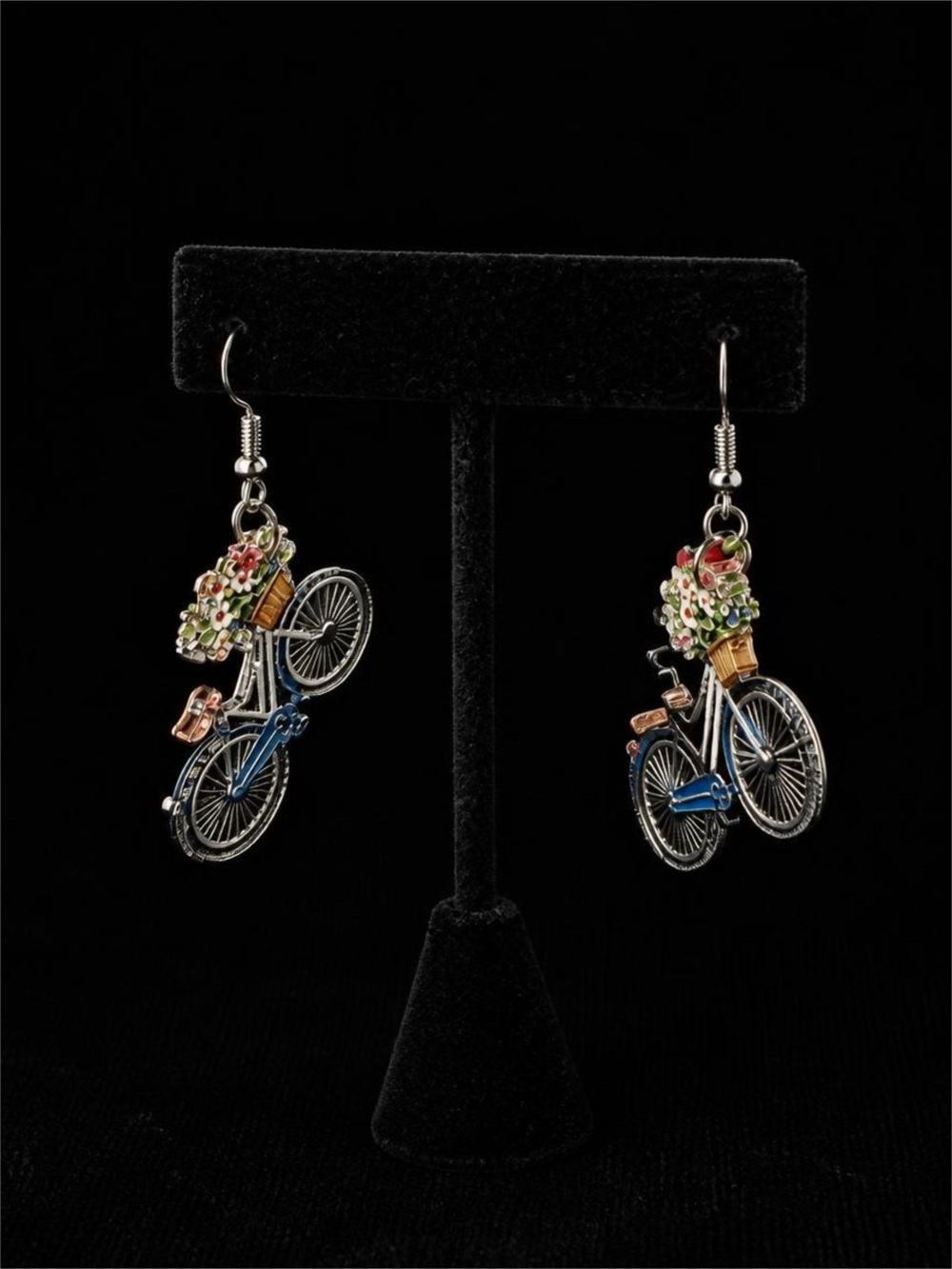 Blue Bicycle with Flower Basket Dangle Earrings in Acrylic